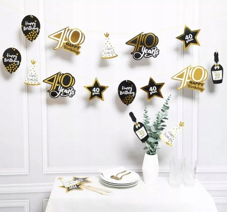 Zestaw dekoracji baner na 40 urodziny jubileusz dekoracje sali czarno-złote