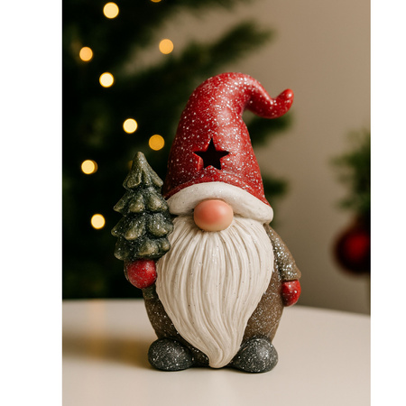 Figurka świąteczna MIKOŁAJ LED krasnal z choinką ozdoba bożonarodzeniowa 20 cm