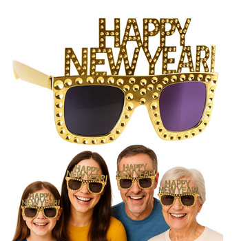 Imprezowe okulary sylwestrowe Happy New Year złote gadżet imprezowy