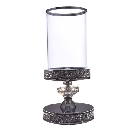 ŚWIECZNIK SZKLANY KIELICH SREBRNY GLAMOUR LAMPION CYLINDER KRYSZTAŁKI 24,5cm