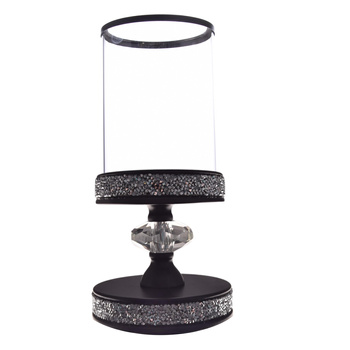 ŚWIECZNIK SZKLANY KIELICH CZARNY GLAMOUR LAMPION CYLINDER KRYSZTAŁKI 24,5cm