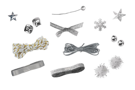 ZESTAW DEKORACYJNY SREBRNY ŚWIĄTECZNY NA PREZENTY DEKORACJE