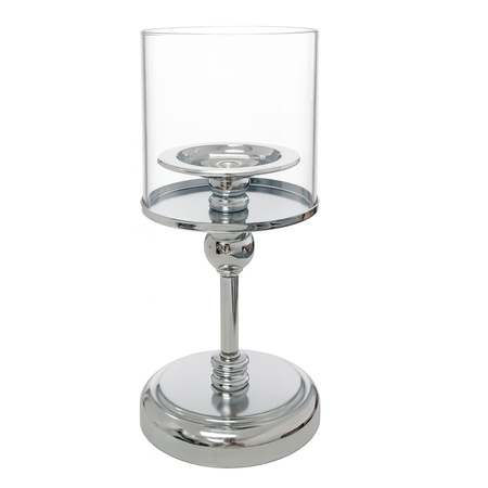 ŚWIECZNIK SZKLANY METALOWY GLAMOUR NA NODZE SREBRNE 34cm