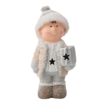 Świecąca figurka chłopiec z prezentem dziecko dekoracja zimowa LED