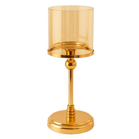 ŚWIECZNIK SZKLANY METALOWY GLAMOUR NA NODZE ZŁOTE 34cm