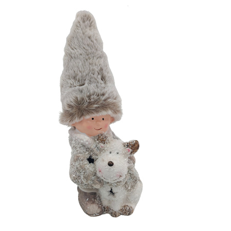 Figurka świąteczna chłopiec LED z reniferem ozdoba bożonarodzeniowa 24 cm