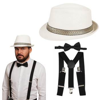 ZESTAW RETRO LATA 20 30 PRZEBRANIE STRÓJ GANGSTER MAFIA MĘSKI SZELKI KAPELUSZ