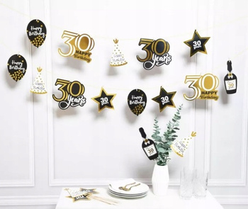Zestaw dekoracji baner na 30 urodziny jubileusz dekoracje sali czarno-złote