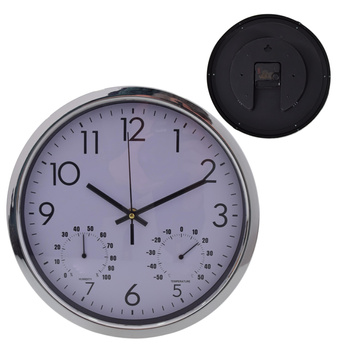 ZEGAR ŚCIENNY 27cm SREBRNY CICHY NOWOCZESNY TERMOMETR HIGROMETR