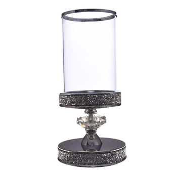 ŚWIECZNIK SZKLANY KIELICH SREBRNY GLAMOUR LAMPION CYLINDER KRYSZTAŁKI 24,5cm