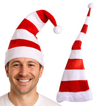 Czapka świąteczna elfa Mikołaja długa 80 cm czerwona białe pasy z pomponem