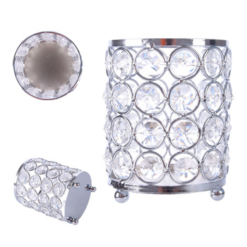 ŚWIECZNIK AŻUROWY Z KRYSZTAŁKAMI CYLINDER LAMPION GLAMOUR NA ŚWIECZKĘ SREBRNY